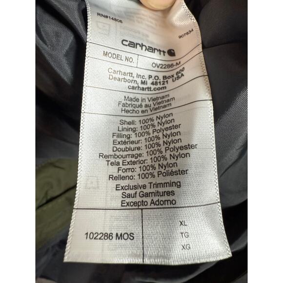 Carhartt Mens Rain Defender Army Green Nylon Relaxed Fit Puffer Vest - XL - Picture 5 of 8